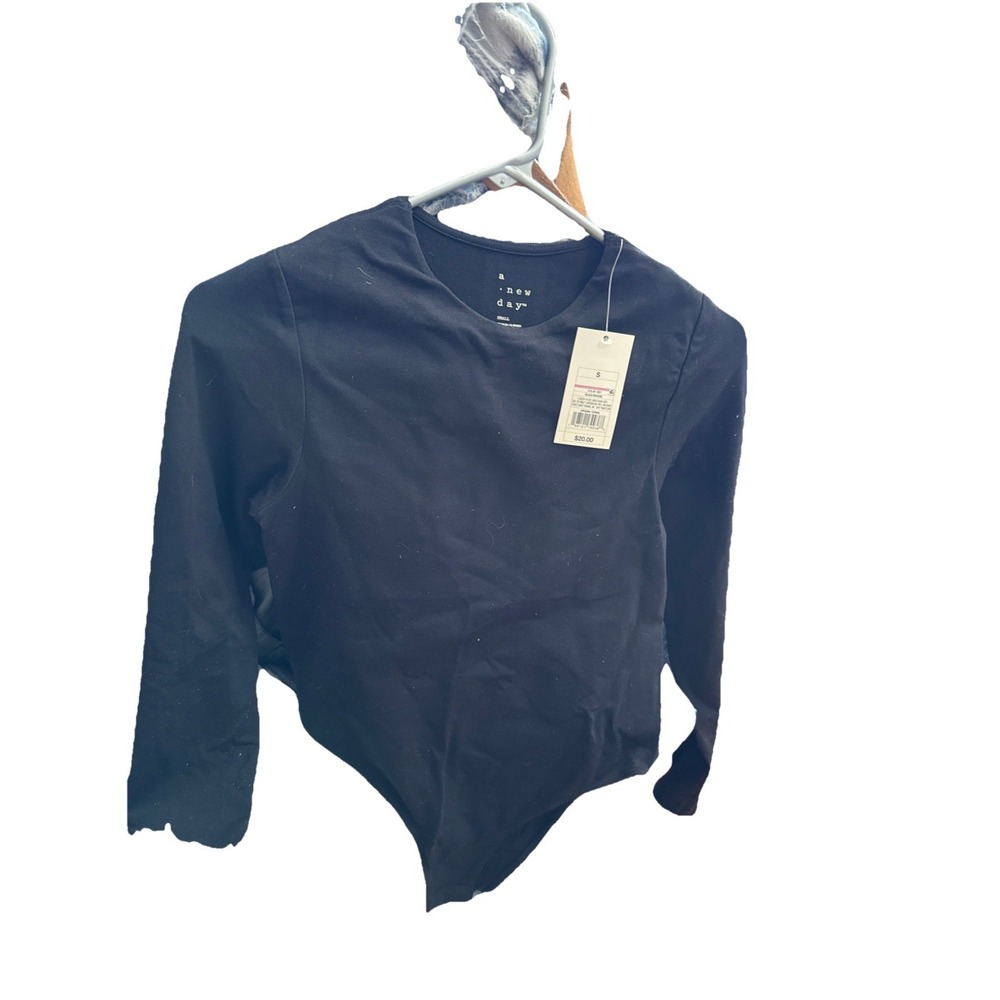 A‎ New Day Bodysuit Womens Small Black Stretch Long Sleeve Seamless Slim Fit C1